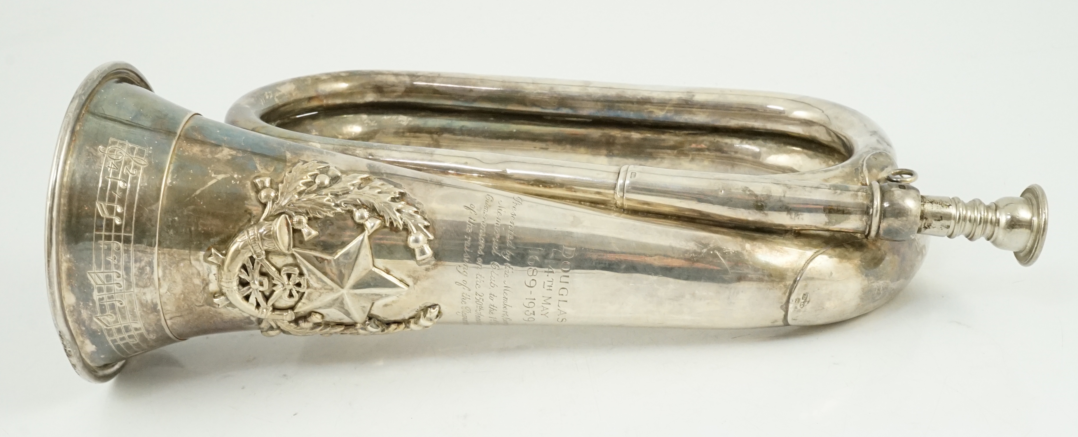 The Cameronians (Scottish Rifles). A George V silver presentation bugle, H.Potter & Co., London, 1938